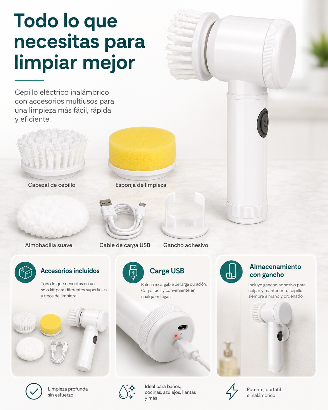 Cepillo Eléctrico de Limpieza Inalámbrico | Limpieza Profunda Sin Esfuerzo