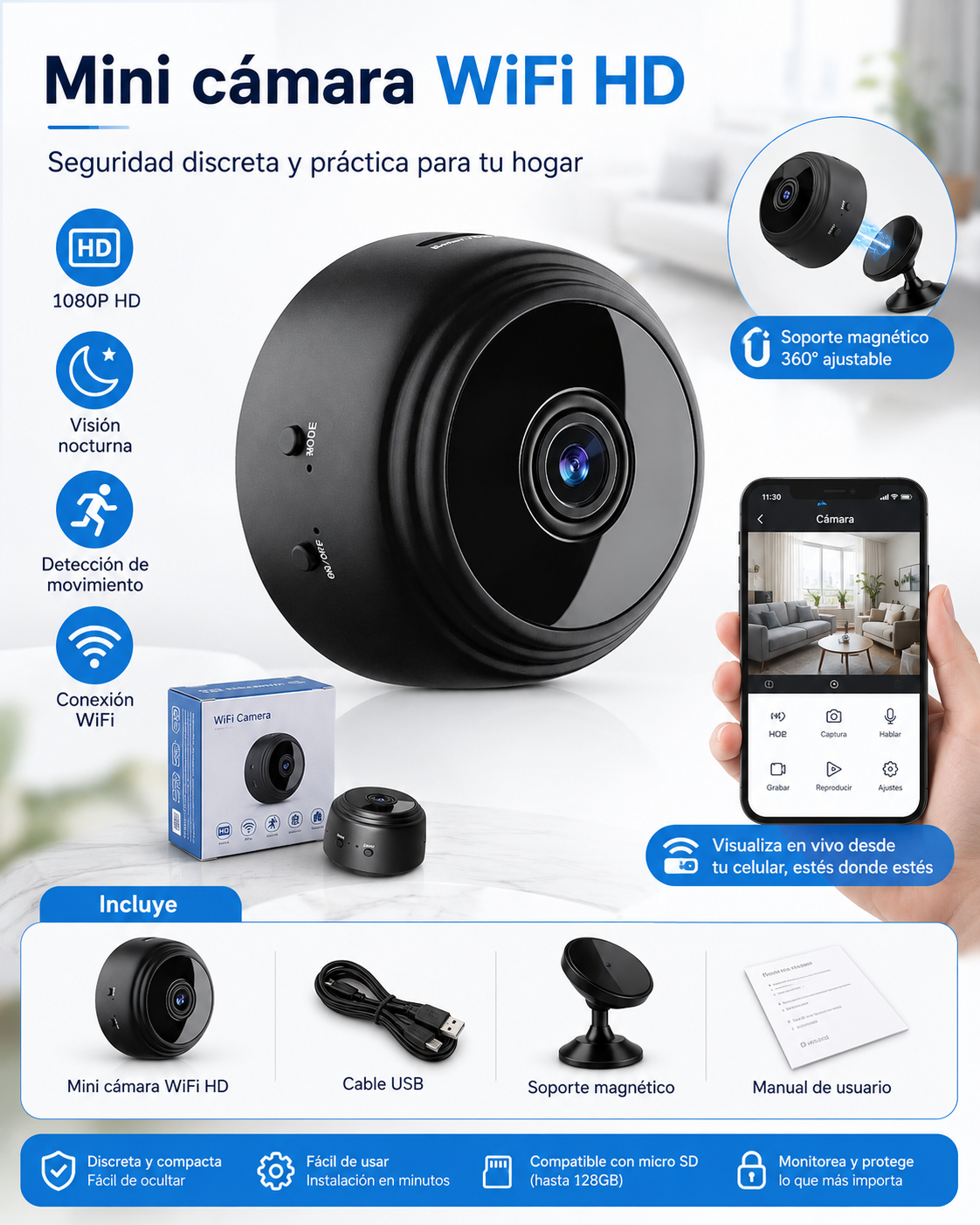 Mini Cámara WiFi Full HD 1080p | Vigilancia Inteligente en Tiempo Real