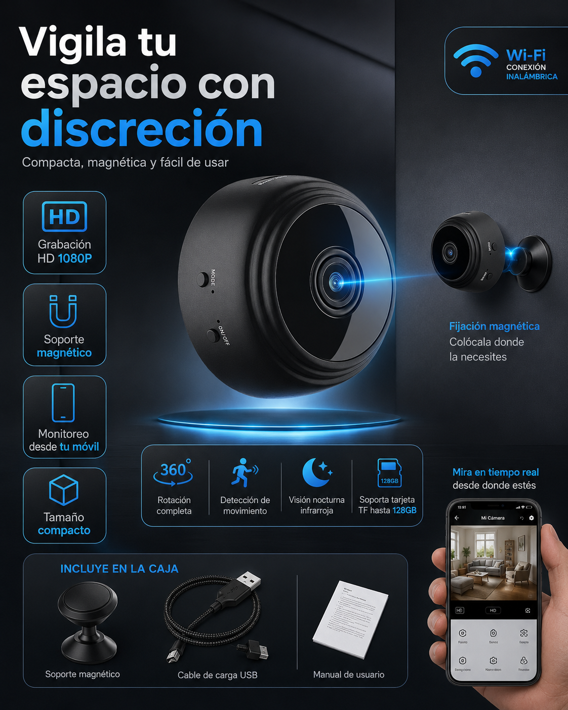 Mini Cámara WiFi Full HD 1080p | Vigilancia Inteligente en Tiempo Real