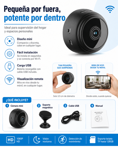 Mini Cámara WiFi Full HD 1080p | Vigilancia Inteligente en Tiempo Real