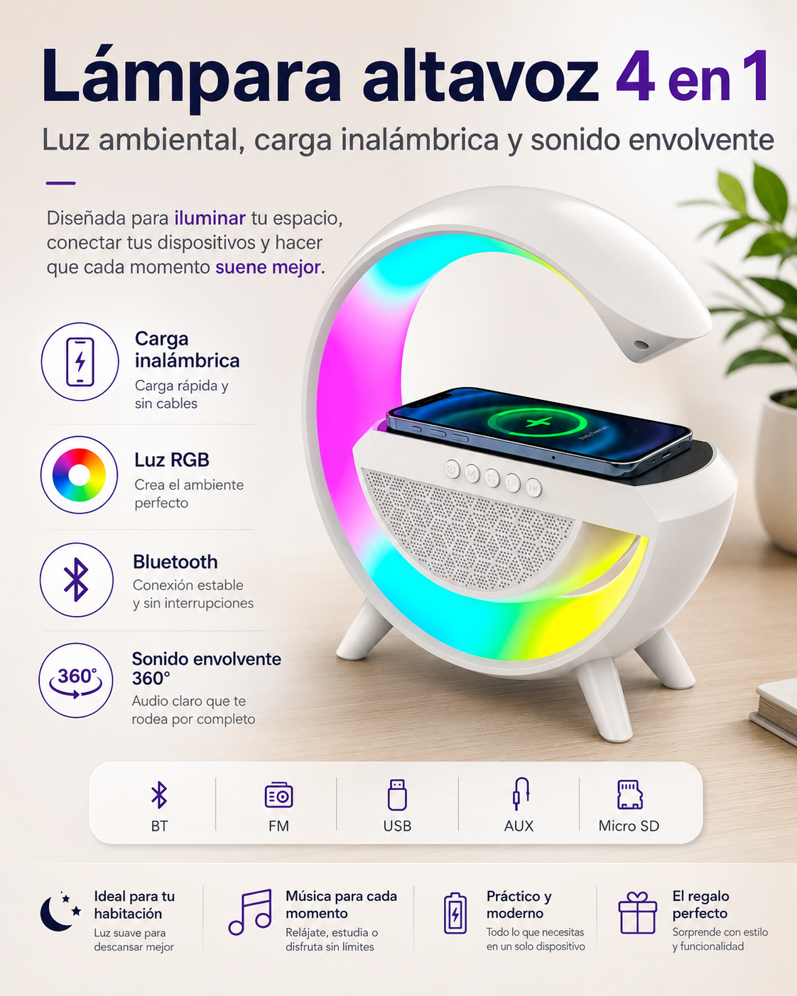 SmartStation G™ 3 en 1 | Altavoz Bluetooth, Cargador Inalámbrico y Lámpara LED RGB