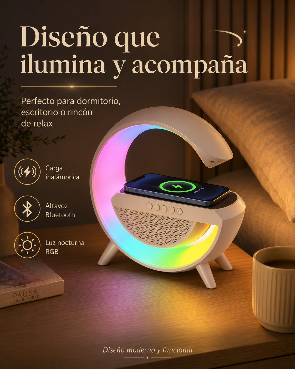 SmartStation G™ 3 en 1 | Altavoz Bluetooth, Cargador Inalámbrico y Lámpara LED RGB