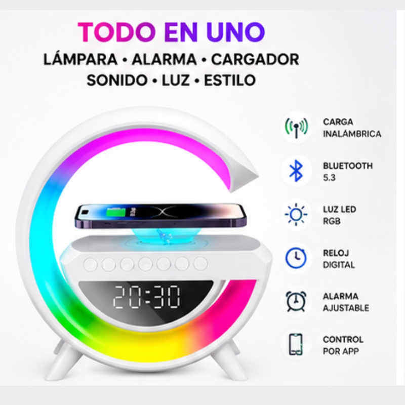 Lámpara G 3 en 1 — Altavoz Bluetooth + Cargador Inalámbrico + Luz LED