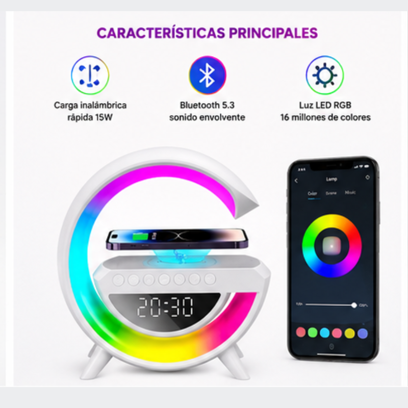 Lámpara G 3 en 1 — Altavoz Bluetooth + Cargador Inalámbrico + Luz LED