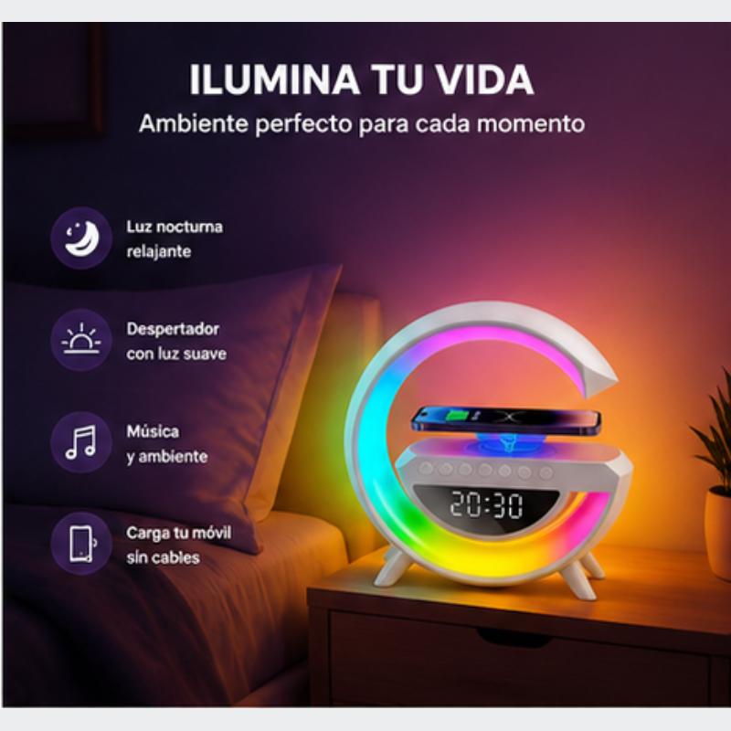 Lámpara G 3 en 1 — Altavoz Bluetooth + Cargador Inalámbrico + Luz LED