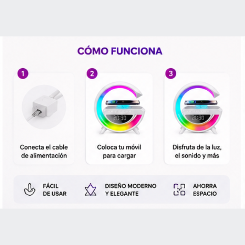 Lámpara G 3 en 1 — Altavoz Bluetooth + Cargador Inalámbrico + Luz LED