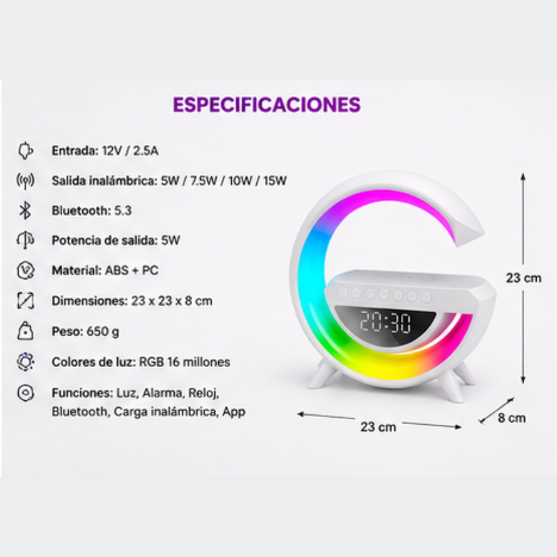SmartStation G™ 3 en 1 | Altavoz Bluetooth, Cargador Inalámbrico y Lámpara LED RGB